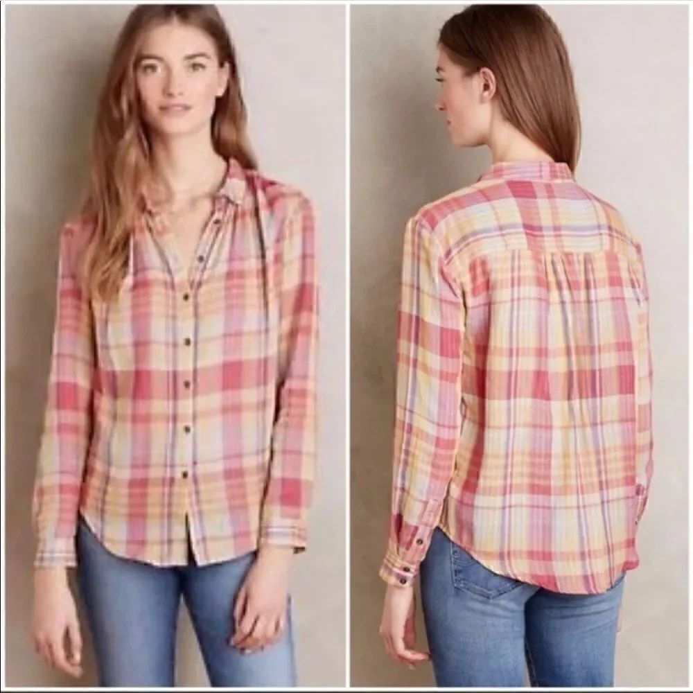 Anthro | HOLDING HORSES Orange Plaid Button Down |